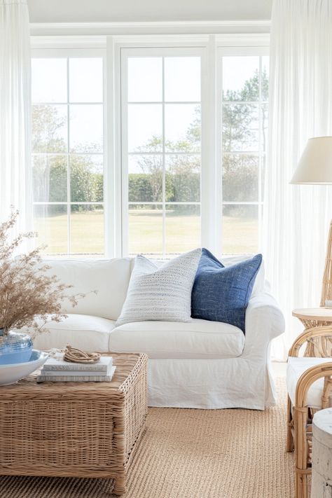 15 Classic Coastal Decor Ideas for a Serene and Timeless Look – Everyday Inspo Coastal Furniture Ideas, White Sunroom, Weathered Wood Furniture, Costal Bedroom, New England House, Coastal Cottage Decorating, Coastal Throw Pillows, Modern Coastal Decor, Beach House Interior Design