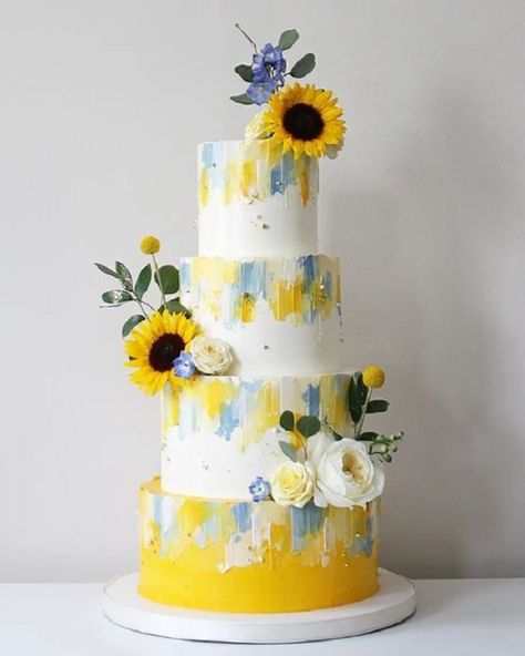 Yellow and Dusty Blue for Yellow Wedding Theme 2023, Dusty Blue Bridesmaid Dresses White Yellow and Dusty Blue Bouquet - ColorsBridesmaid Dusty Blue And Sunflower Wedding, Blue And Yellow Wedding Cake, Blue And Yellow Cake, Flower Topped Cake, Yellow Flower Cake, Flower Cake Ideas, Baby Blue Wedding Theme, Blue Yellow Weddings, Twins Party