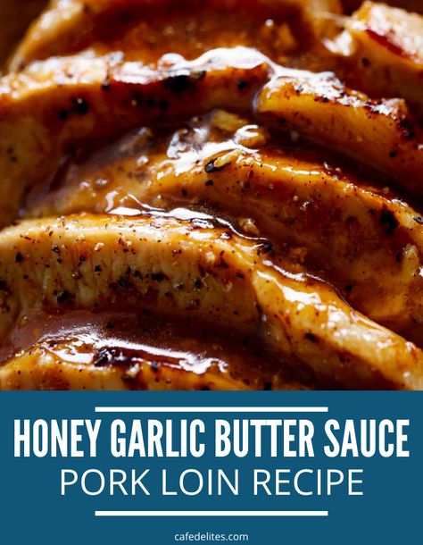 Honey Garlic Butter Sauce Pork Loin is juicy, moist, and so delicious. This is a fantastic pork loin recipe that will stand out from the rest. A tried and true pork recipe that the whole family will devour. #pork #porkloin #garlic #butter #honey #saucy #porkrecipe Pork Loin Roast Dutch Oven Recipes, Dutch Oven Pork Loin Roast, Pork Loin Recipes Dutch Oven, Pork Loin In Dutch Oven Recipe, Boneless Pork Loin Roast In Oven, Pork Loin Dutch Oven Recipes, Dutch Oven Pork Loin, Pork Loin Steak Recipes, Pork Loin Sauce