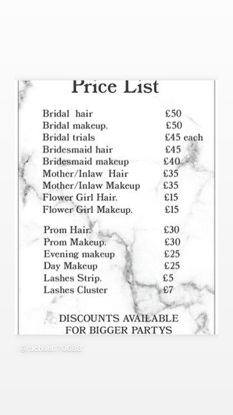 Makeup Artist Price List Ideas, Bridal Makeup Checklist, Makeup Price List Ideas, Bridal Checklist, Freelance Makeup Artist Business, Prom Hair And Makeup, Makeup Price List, Makeup Job, Hair Salon Prices