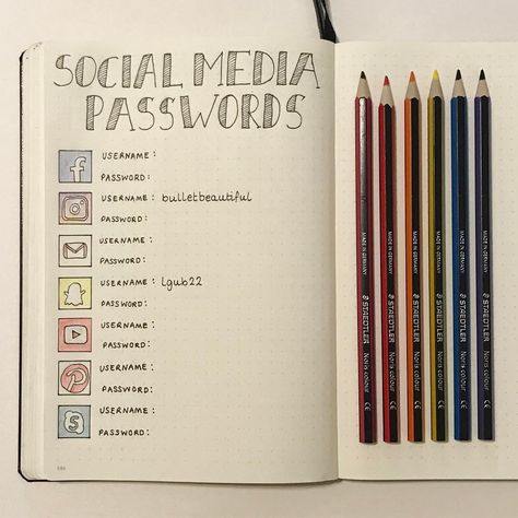 Social Media Passwords Social Media Passwords, Journal D'inspiration, Bullet Journel, Bullet Journal 2019, Bullet Journal Mood, Bullet Journal Notebook, Dot Journals, Diary Ideas, Bullet Journal Writing