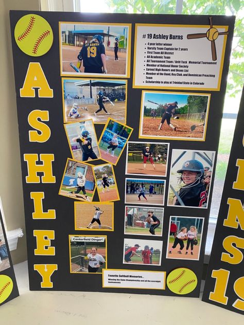 Softball Senior Night Posters Diy, Softball Senior Board, Senior Night Table Display Softball, Senior Poster Board Ideas Softball, Softball Senior Night Ideas Posters, Softball Senior Night Table Ideas, Tennis Senior Night Posters, Softball Senior Night Posters, Senior Trifold Board Ideas