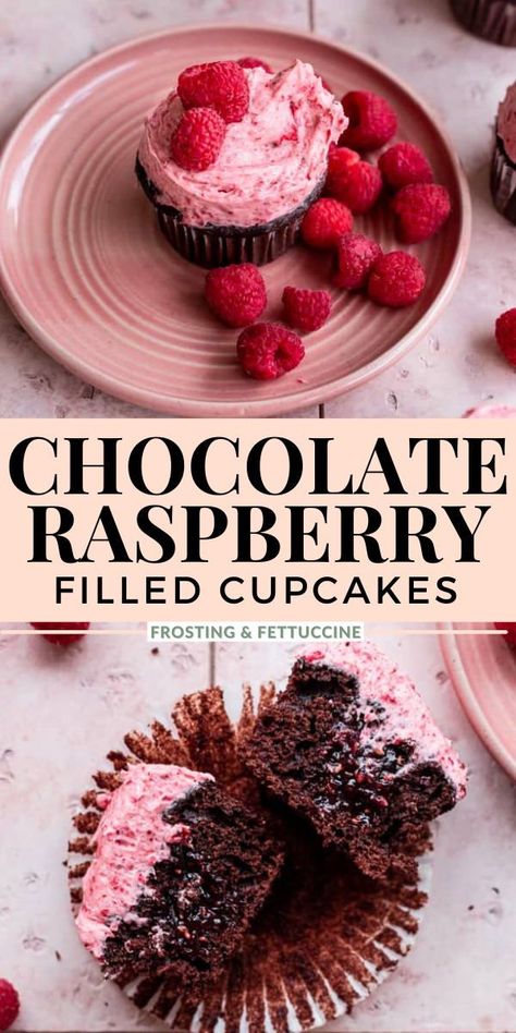 Chocolate Filled Raspberries, Choc Raspberry Cupcakes, Chocolate And Raspberry Cupcakes, Raspberry Cupcakes Filling, Chocolate Cupcakes With Raspberry Filling, Center Filled Cupcakes, Freeze Dried Raspberry Recipes, Black Raspberry Desserts, Raspberry Cupcake Filling