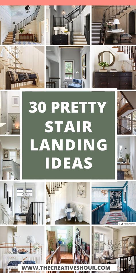 Elevate your upstairs or entryway with creative stair landing ideas. Whether you have a small or modern space or need inspiration for kids or outdoors, explore decor options and stylish stair and landing carpet ideas to revamp your home. Top Of Stairs Nook Ideas, Wall On Stairs Ideas, Stair Entryway Ideas Small Spaces, How To Style Stair Landing, Decorating A Stair Landing, Top Of Stairwell Decor, Decorate Bottom Of Stairs, Up Stairs Hallway Decor, Stair Nook Decor