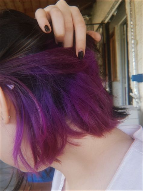 Purple Hair Dye Ideas Short Hair, Short Hair With Purple Underneath, Purple Black Hair Short, Underside Hair Dye Purple, Purple Hair Color Ideas For Short Hair, Under Layer Dyed Hair, Bisexual Bob Haircut, Violet Short Hair, Purple Underdye Hair