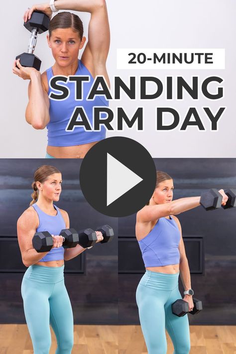 Standing Up Ab Workout, Upper Body Weight Workout, Upper Body Dumbbell, Back Rows, Arm Workout Videos, Upper Body Dumbbell Workout, Standing Workout, Nourish Move Love, Dumbbell Exercises