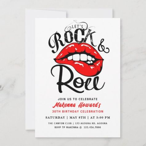 $3.03 | Rock and Roll Party, Rock & Roll BIRTHDAY, #rock and roll party, rock, roll, rock party, any age, lips, let's party, rock star, red lips, birthday invite Rock And Roll Invitations, Rock And Roll Party, Rock And Roll Birthday, Rock N Roll Party, Rock N Roll Style, Party Rock, Party Invites, Birthday Invite, Rock Roll