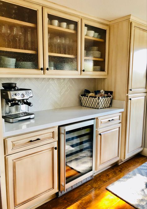 Cream Herringbone Backsplash, White Herringbone Backsplash, Light Oak Cabinets, Lake House Kitchen, Wood Countertop, Herringbone Backsplash, Kitchen Refresh, Backsplash Kitchen, White Herringbone