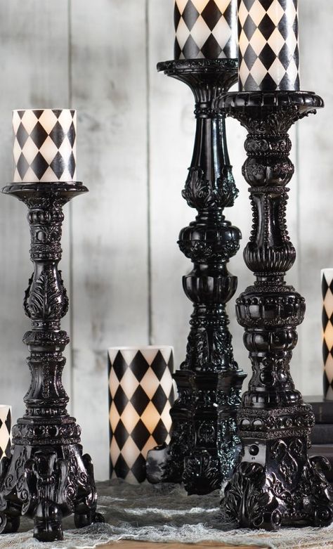 Tall and large ornate gothic candlesticks with black and white pillar candles Gothic Candle Holders, Vampire Lair, Gothic Candle Holder, Gothic Candle, Beautiful Darkness, Gothic Candles, Gothic Bedroom, Halloween Mantel, White Pillar Candles