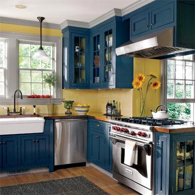 Editors' Picks: Our Favorite Cottage Kitchens - This Old House Kitchen Color Yellow, Citrus Kitchen, Yellow Cottage, Butcher Blocks, Designing Ideas, Painting Kitchen, Cottage Kitchens, Blue Cabinets, Yellow Kitchen