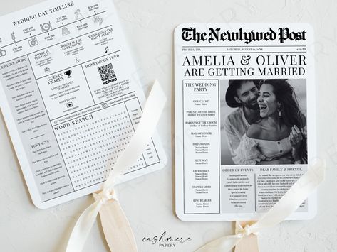 Modern Wedding Newspaper Program Fan Canva Editable Ceremony - Etsy Newspaper Infographic, Fan Template, Newspaper Wedding, Newspaper Wedding Programs, Newspaper Program, Printable Programs, Wedding Infographic, Wedding Fan, Unique Wedding Programs