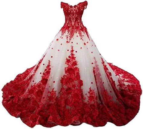 Wedding Dress Red Accent, Red And White Princess Dress, Wedding Dresses With Red Roses, Wedding Dresses In Color, Red And White Wedding Dress Lace, Wedding Dresses Plus Size Red, Wedding Dress With Roses On It, Queen Of Hearts Wedding Dress, Black Red And White Wedding Dress