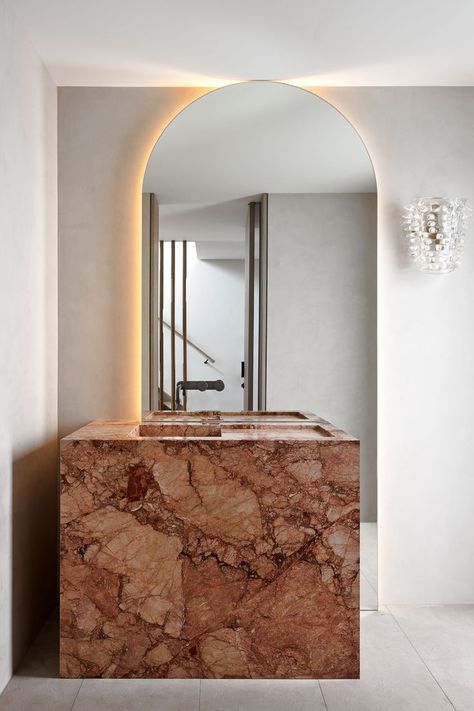 marble vanity in the powder room Ultrafragola Mirror, Custom Bunk Beds, Est Living, Powder Room Design, Pink Palette, Brass Floor Lamp, Room Idea, House Bathroom, Interior Design Firms