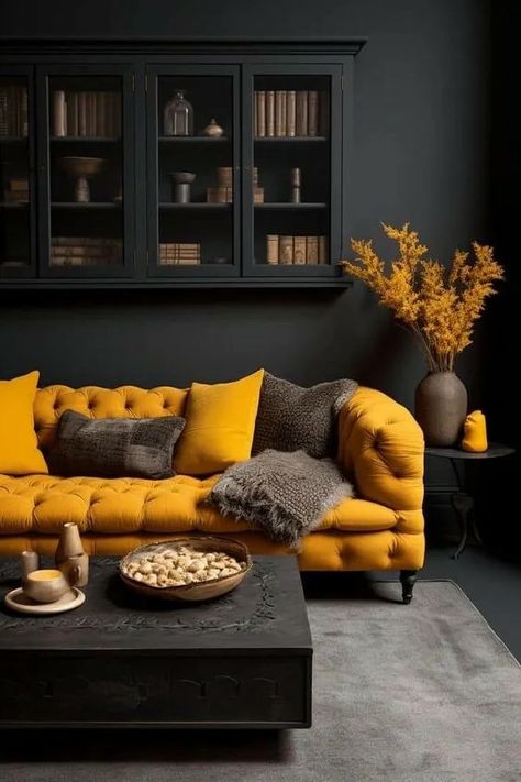 Mustard Living Rooms, Dark Living Room, Simple Bed Designs, Snug Room, Dark Living Rooms, Transitional Decor Living Room, Sofa L, Black Living Room, Set Sofa