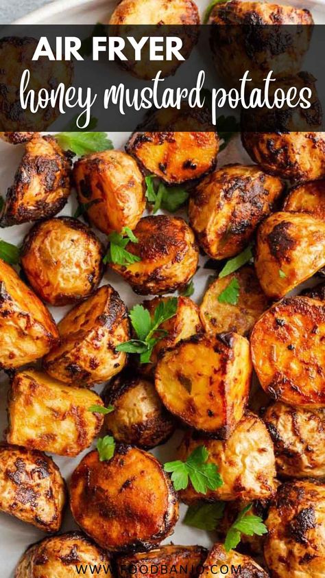 honey mustard potatoes with parsley on top Air Fryer Honey Gold Potatoes, Honey Gold Potatoes Recipes Air Fryer, Honey Mustard Roasted Potatoes, Honey Mustard Potatoes, Yellow Potatoes Recipes Air Fryer, Dijon Potatoes, Mustard Potatoes, Gold Potato Recipes, Toasted Potatoes