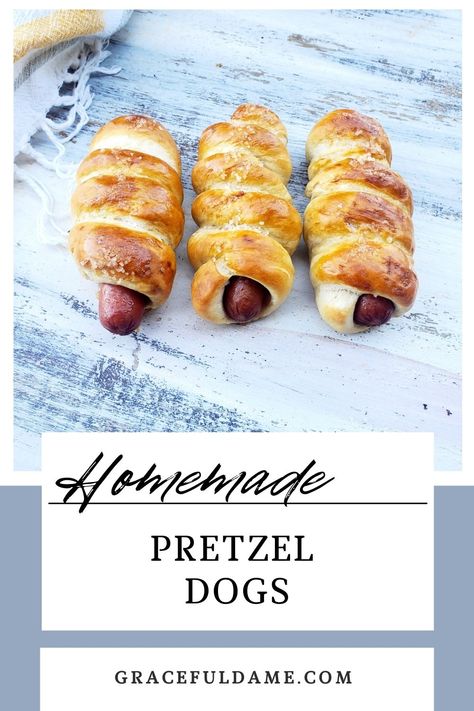 Fresh, buttery, salty, warm, and just begging to be devoured. These soft pretzel dogs are the deliciously fun alternative to classic, soft pretzels. Freezer friendly, kid friendly, and perfect for school lunches... or yummy snack or light faire to serve to guests! Pretzel Dogs Recipe, Football Season Food, Pretzel Dogs, Camping Food Make Ahead, Toddler Lunch Recipes, Easy To Cook Meals, Kids Lunch Recipes, Homemade Pretzels, Homemade Soft Pretzels