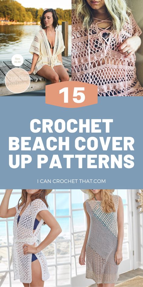 Are you into crocheting your own wearables as much as we are? Head to the water in style with these gorgeous crochet beach cover up patterns. If you’re wanting to dive into the world of crochet clothes, a cover up might just be the perfect place to start. Some of them are just a simple front and back panel that you seam together. While some are a little more intricate. Some have a tie waist while others tie up top. Check out all 15 patterns; some are ever free! Visit ICanCrochetThat.com Swimsuit Coverup Pattern, Swimsuit Coverup Ideas, Crochet Bathing Suit Cover, Beach Coverup Pattern, Crochet Kimono Cardigan, Crochet Beach Cover Up, Crochet Beach Wear, Beach Pattern, Crochet Bathing Suits