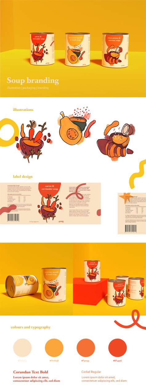 A design process of a soup brand. Contains images of the three soup cans with fun illustrations on the front and colourful circles with the names of the soup. There are different shots of the soups as well as design boards with the illustrations, colours used and full labels. The designs have lots of warm colours and squiggly shapes over them . Package Illustration Design, Packaging Design Presentation Board, Portfolio Packaging Design, Soup Design, Food Packaging Graphic Design, Packaging Presentation, Packaging With Illustration, Illustration For Branding, Soup Label Design