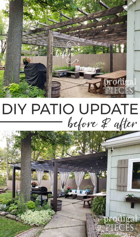 What a difference! This DIY Patio & Pergola Update Refreshes and Dresses up this backyard retreat | Details at Prodigal Pieces | prodigalpieces.com #prodigalpieces #diy #home #homedecor #patio #pergola #backyard Pergola Paint Color Ideas, Diy Patio Pergola, Pergola Makeover, Colorful Patio Decorating Ideas, Terasse Ideas, Pergola Backyard, Trellis Diy, Diy Patio Ideas, Painted Outdoor Furniture