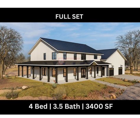 3412 SF Barndominium |4 Bedroom | 3.5 Bathroom | 3 Car Garage | Office Space - Drawing Blueprints Total Living Area:3412 Sq. Ft. First Floor Area: 2000 Sq. Ft. Second Floor Area:1412 Sq. Ft. This is a digital download of the complete drawing set of this house. Once you place your order, you will be provided with an instant download link to a PDF scaled for 24"x36" Arch D paper. Drawings included in the set: - COVER PAGE  - FIRST FLOOR PLAN - SECOND FLOOR PLAN - ROOF PLAN - FRONT AND REAR ELEVATI 4 Bedroom 3.5 Bath Barndominium, 3 Car Garage Barndominium, 2000 Sq Ft Barndominium Floor Plans 4 Bedroom, Barndominium Plans 4 Bedroom, 3000 Sq Ft Barndominium Plans, 4 Bedroom Barndominium Plans, Party Barn Floor Plans, 4 Bedroom Shop House Plans, 2500 Sq Ft Barndominium Plans