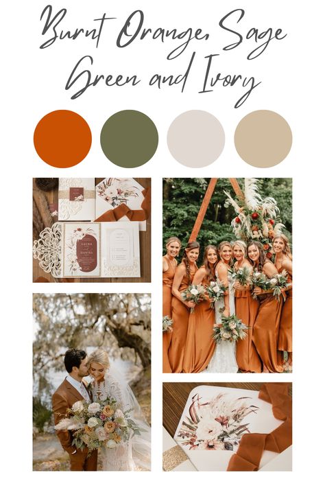 Green And Burnt Orange Wedding Theme, Rust Brown And Sage Green Wedding, Sage Green And Burnt Orange Bridal Party, Sage Green And Burnt Orange Wedding Cake, Burnt Orange Ivory And Sage Green Wedding, Sage Green Burnt Orange And Cream Wedding, Burnt Orange Summer Wedding, Safe Green And Burnt Orange Wedding, Burnt Orange Sage Green Wedding