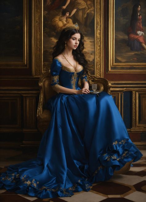 Midevil Dresses Princesses, Royal Dresses Queens, Blue Medieval Dress, Gown Ruffles, Blue Gowns, Medieval Gown, Narrow Waist, Long Dark Hair, Fantasy Dresses