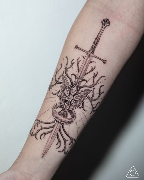 Lotr Tattoo Tree Of Gondor, Matching Tattoos Couples Lotr, Narsil And Evenstar Tattoo, Lord Of The Rings Shoulder Tattoo, Lord Of The Rings Tattoo Legolas, Gates Of Argonath Tattoo, Lord Of The Rings Half Sleeve Tattoo, Lotr Forearm Tattoo, Lotr Tattoo Narsil