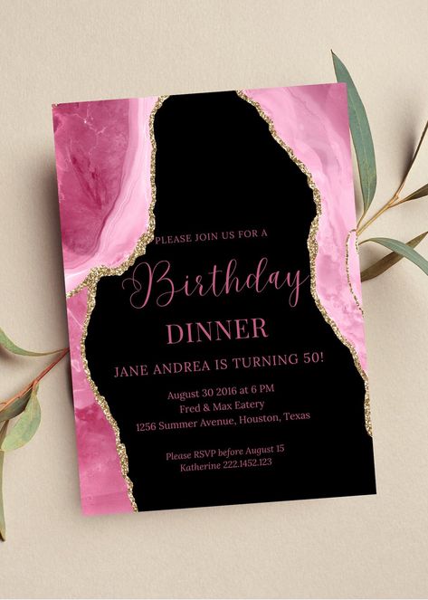 Editable pink and gold birthday dinner invitation perfect for your next birthday party or birthday dinner. This pink agate invitation can be edited yourself using Canva. If you choose to print yourself the print size is 5x7 and can be printed on cardstock invitation paper. You can also have the completed file taken to your local print shop and have them print. Can also be saved as an image to use as a text invitation or email invitation. All the wording is editable. Details: Birthday Dinner invi 18th Invitation, Pink Birthday Dinner, Pink And Gold Invitation, Pink And Gold Invitations, Pink And Gold Birthday, Birthday Dinner Invitation, Email Invitation, Birthday Dinner Party, Birthday Party Theme Decorations