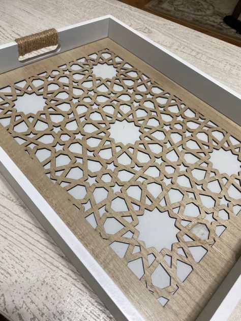 Cnc Tray, Arab Decor, Living Room Tray, Acrylic Items, Wood Laser Ideas, Wooden Box Designs, Arabesque Design, Arabic Design, Wooden Tray