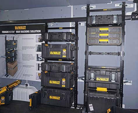 Dewalt Tough System Van Racking Dewalt Van Racking, Tough System Ideas, Dewalt Tough System Storage Ideas, Dewalt Garage, Dewalt Tool Box, Dewalt Storage, Work Truck Storage, Toolbox Ideas, Van Racking Systems