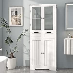 Bathroom Storage Ideas Cabinet, Bathroom Pantry Cabinet, Bathroom Storage Cabinet Freestanding, Multifunctional Cabinet, Freestanding Linen Cabinet, Bathroom Pantry, Tall Bathroom Storage Cabinet, Cabinet With Glass Doors, Tall Bathroom Storage