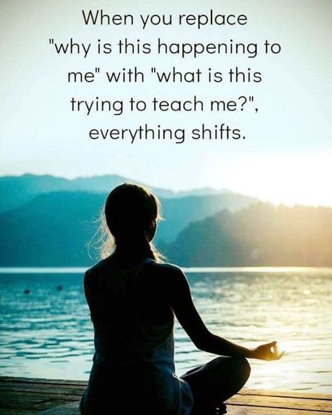 When you replace "why is this happening to me" with "what is this trying to teach me", everything shifts. Inspirerende Ord, Motivation Positive, Motiverende Quotes, Louise Hay, E Card, Yoga Flow, Inspirational Quote, Positive Thoughts, Great Quotes