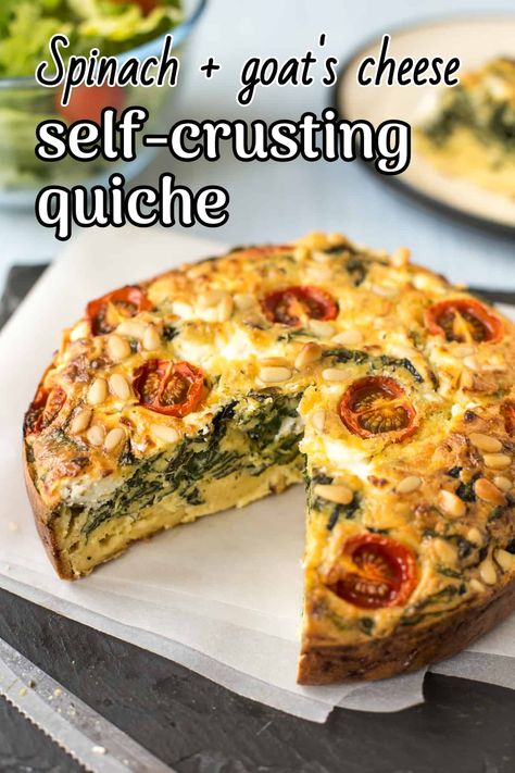 Spinach and goat's cheese self-crusting quiche - it has no pastry, but still heaps and heaps of flavour! It forms its own crust thanks to a special extra ingredient! #vegetarianquiche #selfcrustingquiche #spinachquiche Quiche Pastry, Vegetarian Tart, Quiche Recipes Crustless, Spinach And Goat Cheese, Goat Cheese Quiche, Vegetarian Quiche, Quiche Recipes Easy, Cheese Quiche, Crustless Quiche