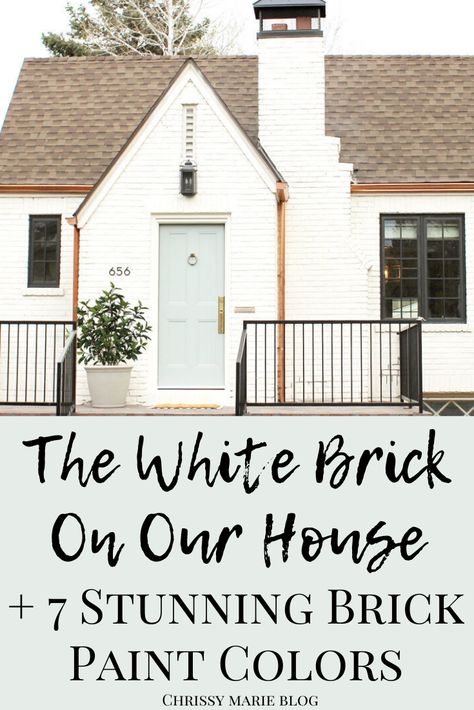 White House Brick Fireplace Exterior, White Brick Colors Exterior, How To Paint Brick White, White House Brick Chimney, Exterior White Wash Brick, Painted White Brick Ranch House, White Brick Wood Accents Exterior, White Brick With Siding, White Brick Brown Roof