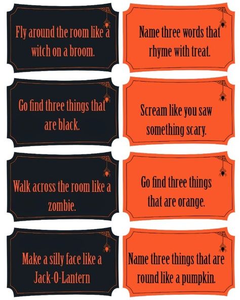 Free printable Halloween "tricks" for a fun Halloween party game idea Halloween Games For Party, Halloween Charades, Games For Party, Trick Or Treat Games, Halloween Balcony, Kids Halloween Party Decorations, Halloween Alternatives, Fun Halloween Party Games, Fun Halloween Games