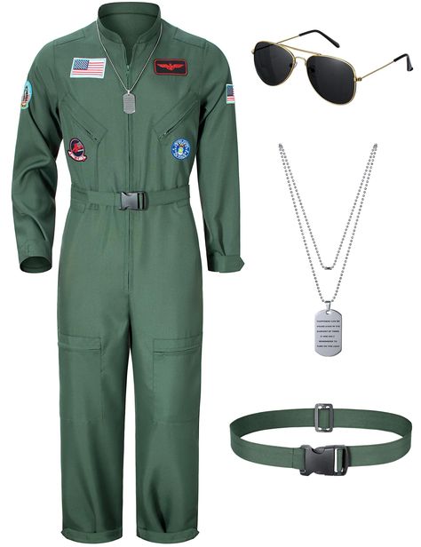 PRICES MAY VARY. Package includes:men fighter pilot suit costume outfit*1,aviator sunglasses*1,dog tag*1,belt*1,4-piece set. Material:flight pilot costume cosplay air force flight suit fighter pilot outfit for men made of polyester,comfortable and breathable. Super cool design and great quality,men flight uniform pilot costume aviator outfit themed birthday party costume,80s costume,matching couple halloween costumes. Super cool design and great quality,men flight uniform pilot costume aviator o College Men’s Halloween Costumes, Men’s Solo Halloween Costumes, Men Costumes Halloween Guys, Men’s Halloween Costumes Easy, Mens 80s Costume, Halloween Men Costumes, Matching Couple Halloween Costumes, Fighter Pilot Costume, Halloween Costumes Guys