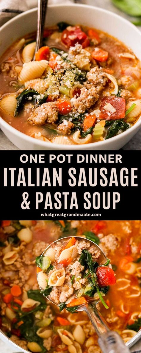 Italian Sausage And Pasta, Sausage And Pasta, Pasta Soup Recipes, Soup With Spinach, Soup Gluten Free, Sausage Soup Recipes, Italian Sausage Pasta, Italian Sausage Soup, Italian Sausage Recipes