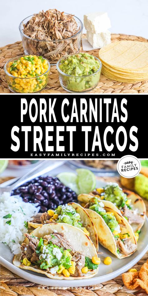 These Pork Carnitas Street Tacos are the best easy dinner idea! Carnitas are prepared in the slow cooker and then used to make these irresistible street tacos. This recipe is perfect for leftover carnitas and can make dinner super fast. Make them for taco tuesday or any night! Corn tortillas a re toasted then filled with tender pork carnitas and topped with corn salsa, guacamole and cheese. You can make them like this or customize to your family's preferences. Carnitas Street Tacos Recipe, Carnitas Street Tacos, Easy Pork Carnitas, Leftover Carnitas, Carnitas Tacos Recipe, Street Tacos Recipe, Pork Carnitas Tacos, Street Taco Recipe, Pork Carnitas Slow Cooker