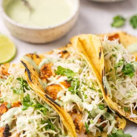 Blackened Mahi Mahi Tacos with Cilantro Lime Crema - Lauren Fit Foodie Blackened Mahi Mahi Tacos, Lauren Fit Foodie, Blackened Mahi Mahi, Mahi Mahi Fish Tacos, Cilantro Lime Crema, Mahi Tacos, Mahi Mahi Tacos, Healthy Chicken Pot Pie, Mahi Fish