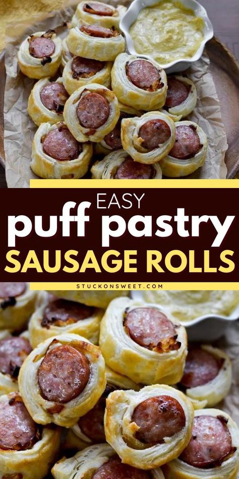 Serve this easy appetizer for a party! Everyone will enjoy these puff pastry sausage rolls that have an amazing flavor. You can even turn this delicious snack recipe into the traditional pigs in a blanket! Polish Appetizers Easy, Puff Pastry Pigs In A Blanket, Sausage Appetizers For Party, Sausage Finger Food, Sausage Rolls Puff Pastry, Puff Pastry Sausage Rolls, Sausage Roll Recipe, Pigs In A Blanket Recipe, Cocktail Skewers