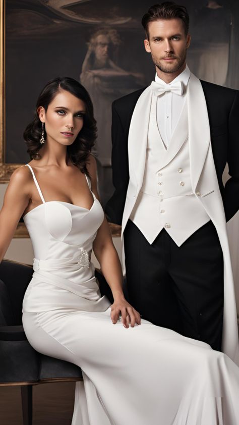 A man in a black tailcoat with a white waistcoat and bow tie, stands next to a woman in an elegant evening gown, showcasing formal white tie attire. White Tie Dress Code Women, White Tie Attire, White Tie Dress Code, White Tie Wedding, White Tie Event, White Tie Dress, Black Tie Attire, Formal Dress Code, Debutante Ball