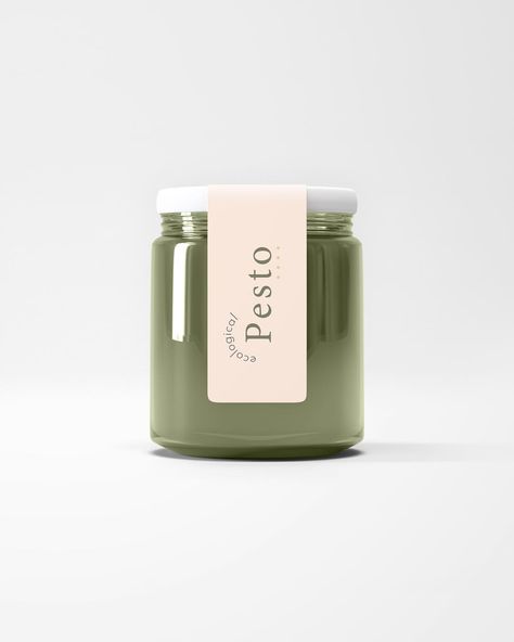 // design by @studio.ingrid www.studioingrid.no 🌱 we appreciate unique packaging that can blend into your kitchen as a design piece itself! Dedicated to all the pesto lovers out there ✨ Ecological Pesto at it's best 🥜 . . . #madebyus #madebyme #studioingrid #designstudio #startup #business #startuplife  #startups #pesto #packaging #green #eat #food #foodporn #mockup #nuts #delicious #yum #pink #pastel #design #designer #desingers #designing #eco #ecological #sustainable Chili Paste Packaging, Pesto Packaging, Yoghurt Packaging Design, Yoghurt Packaging, Pastel Design, Hazelnut Butter, Food Branding, Jar Design, Green Sauce