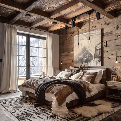 neutral-and-black-bedroom Cabin Style Home Decor, Guest Bedroom Basement, Black White Wood Bedroom, Black And Natural Wood Bedroom, Neutral Black Bedroom, Cozy Cabin Bedroom Ideas, Mountain Retreat Bedroom, Mountain Cabin Bedroom, Cabin Inspired Bedroom