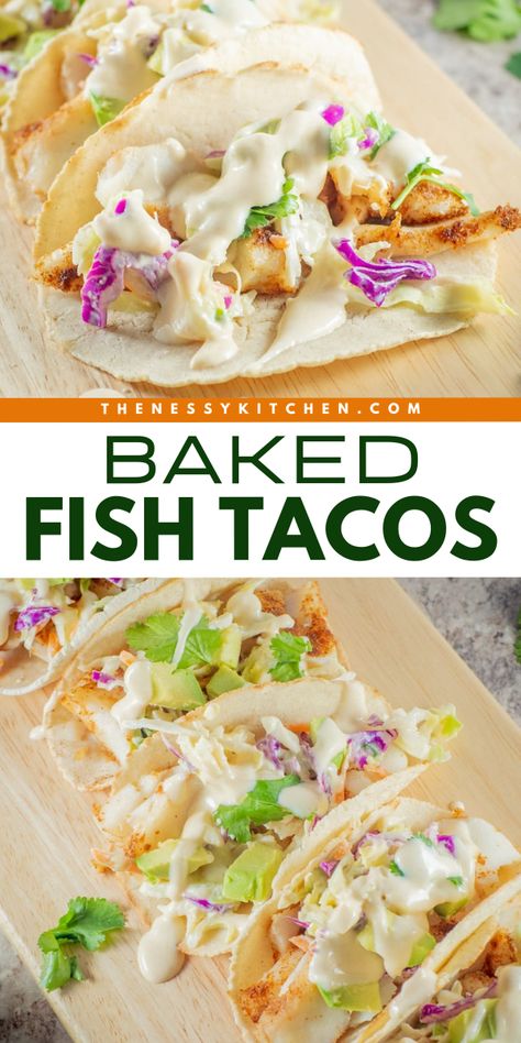 A perfect busy weeknight dinner! In less than 30 minutes, you can have these oven baked fish tacos with a creamy lime slaw. Save this baked cod recipe and try this quick and easy meal for tonight! Fish Tacos Oven Baked, Baked Fish Tacos With Cabbage Slaw, Baked Fish Taco Recipe, Cod Tacos Recipes, Baked Cod Fish Tacos, Fish Tacos Baked, Cod Tacos, Tilapia Fish Tacos, Baked Fish Tacos