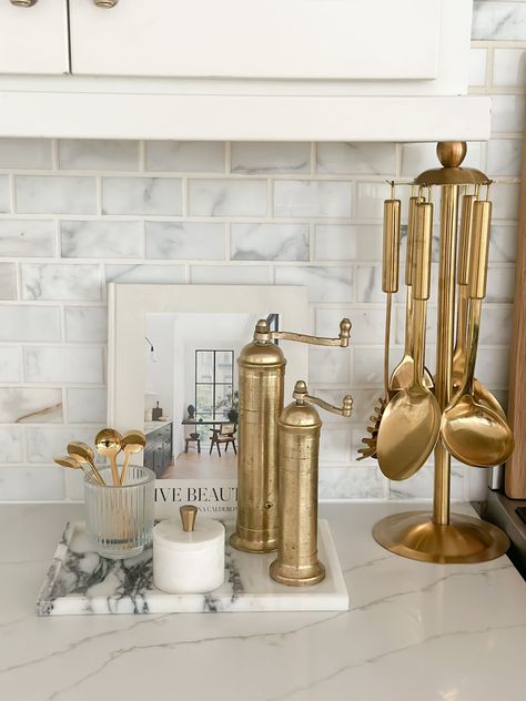 Elegant Kitchen Organization, Aesthetic Utensil Holder, Kitchen Counter Astethic, Kitchen Accessories Gold, Gold And Wood Kitchen Decor, White Cooking Utensils, Kitchen Decor Gold Accents, Gold Utensil Holder, Gold Cooking Utensils