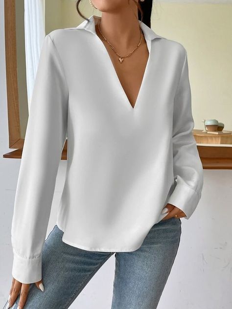 Shirt Collar Simple Loose Long sleeve Blouse | stylewe Tops Online Shopping, White Blouse Top, Pleated Shirt, Blouse Casual, V Neck Blouse, Online Tops, Casual Fall Outfits, Work Attire, Casual Blouse