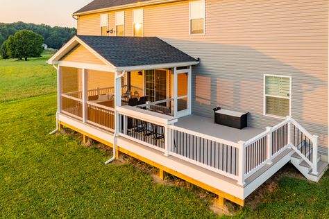 Deck With Screened In Roof - Avondale, PA - Integrous Fences and Decks Back Deck Partially Covered, Add On Deck Ideas, Screened In Porch And Deck Ideas, Covered Deck Off Back Of House, Timbertech Decking, Back Porch Designs, Deck Cost, Red Roof House, Backyard Goals