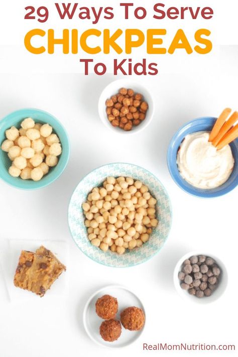 Here are 29 different ways to serve chickpeas to kids, from hummus and falafel to brownies and snack puffs. Plus kid-friendly chickpea recipes! #realmomnutrition #chickpearecipes #chickpeasforkids #snackrecipes #kidfriendly Lentil Cookies, Edible Playdoh, Garbanzo Bean Recipes, Chickpea Snacks, Spiced Chickpeas, Pea Recipes, Chickpea Recipes, Toddler Snacks, Gluten Free Pumpkin