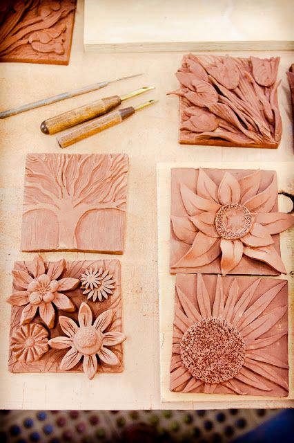 Mudworks Pottery: New Wall Plaques - flowers, flowers, flowers-- great idea using carving and applique techiniques to created 3D nature inspired tiles ดินปั้น Polymer Clay, Ceramic Wall Art, Slab Pottery, Relief Sculpture, Functional Pottery, Pottery Classes, Ceramics Projects, Clay Flowers, Pottery Designs