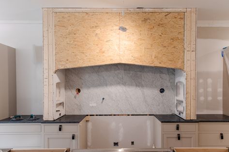 All About Our Plastered Range Hood Build In Hood Kitchen, Kitchen Ideas Range Hood, Stone Covered Range Hood, Hood Covers Range, Enclosed Range Hood, Plaster Stove Hood, Hidden Range Hood, Diy Plaster Range Hood, Custom Range Hood Ideas